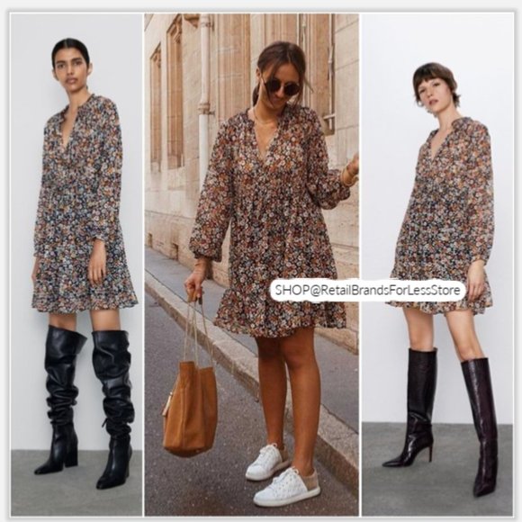 Zara Dresses & Skirts - ZARA V NECK CHIFFON ELASTIC WAIST FLORAL DRESS
